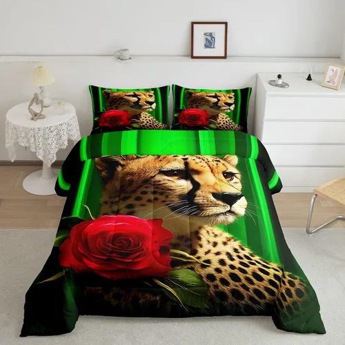 Miniatura 25 de Erosebridal Juego de ropa de cama de guepardo con rosa azul, juego de edredón con estampado de leopardo y gato, edredón romántico de plumón