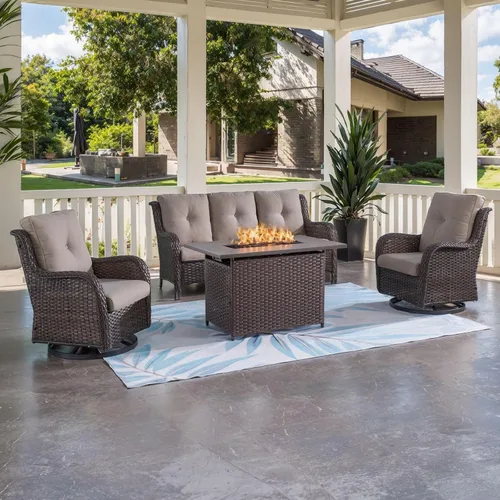 Miniatura 57 de HUMMUH Sillas Mecedoras Giratorias de Mimbre para Patio Exterior con Respaldo Alto, Sillas Deslizantes de Ratán PE, Juego de Muebles de Patio de 4