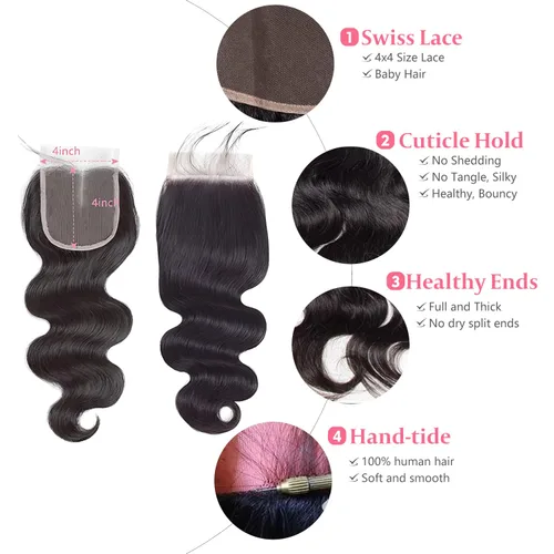 Miniatura 2 de Pelucas de cabello humano con cierre de encaje 4x4, onda corporal, cierre de encaje transparente, parte libre, 100% cabello humano brasileño virgen