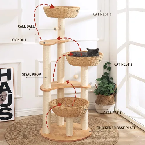Miniatura 2 de Torre moderna de 54 pulgadas para gatos de interior, árbol rascador de roble para múltiples gatos grandes, condominio de lujo tejido a mano manual
