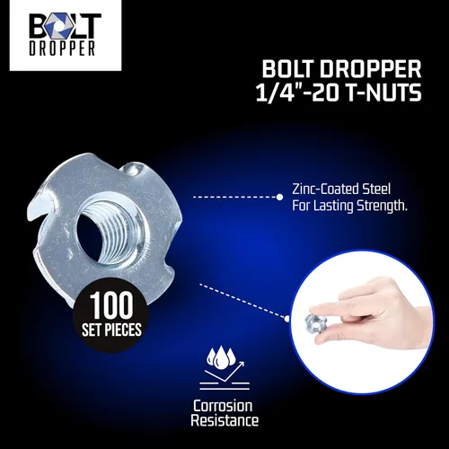 Miniatura 5 de Bolt Dropper Inserto de madera con tuerca en T, acero al carbono, acabado de zinc negro, 4 puntas de 1/4"-20x5/16, sujetadores de superficie
