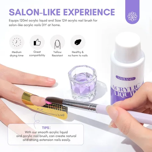Miniatura 2 de SAVILAND Líquido Monómero Acrílico para Uñas: Monómero Líquido Acrílico de 4 oz con Pincel para Uñas Acrílicas #12 para Aplicación de Polvo