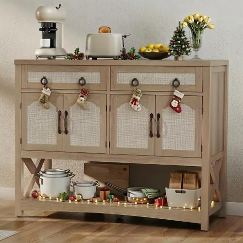 Miniatura 9 de DWVO Aparador tipo bufé de ratán de 47.2 pulgadas con almacenamiento, armario de barra de café de granja con 2 cajones, mesa consola de 4 puertas