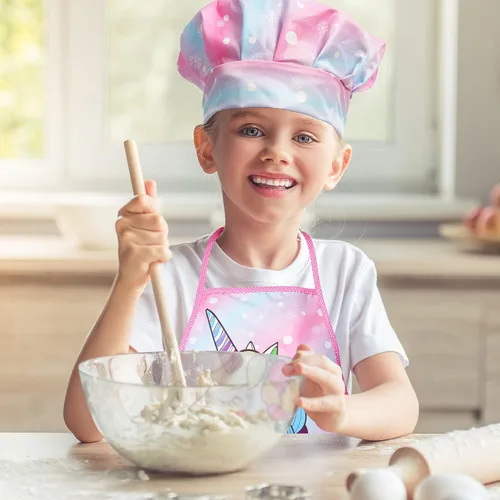 Miniatura 5 de Vanmor Juego de cocina y hornear de unicornio para niños, 11 delantales para niñas, sombrero de chef y delantal rosa, guante y utensilio