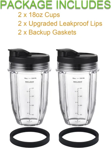Miniatura 8 de Juego de 2 vasos de repuesto de 18oz para licuadoras Nutri Ninja, piezas de repuesto para licuadoras con tapa mejorada para licuadoras Auto-IQ Tazas