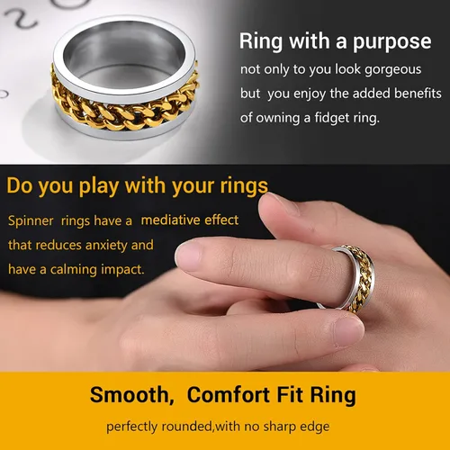 Miniatura 3 de PROSTEEL Anillo giratorio para hombre, anillos para la ansiedad, anillo de acero inoxidable de 0.11 pulgadas de grosor, cadena de eslabones cubanos