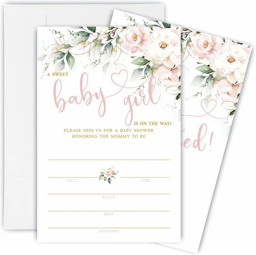 TPYEN Invitaciones florales de acuarela para baby shower, una dulce niña está en camino, 25 tarjetas de invitación de relleno con sobres,