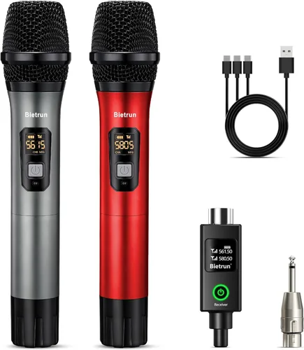 Bietrun Micrófono Inalámbrico XLR, Conjunto de Micrófono Dinámico de Metal Portátil Dual UHF con Receptor Recargable, Adaptador XLR a 1/4'', para