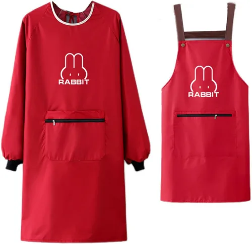 Miniatura 8 de Delantal de cocina para mujer con bolsillos grandes, delantal impermeable de manga larga para cocinar, hornear, limpiar el trabajo Verde