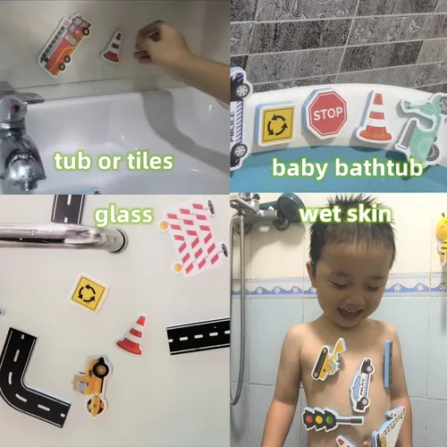 Miniatura 7 de Juguetes de baño de espuma para niños pequeños, 29 piezas de vehículos, calcomanías de baño con bolsa de almacenamiento, bañera flotante educativa