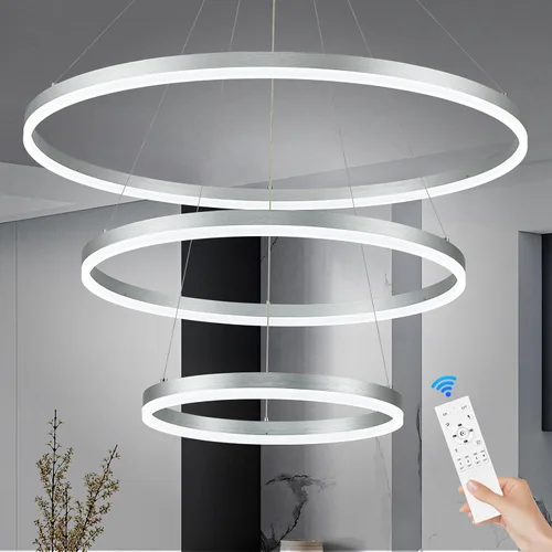 Miniatura 16 de Benkut 5 Anillos D31.5 Lámpara de Araña LED Moderna Negra Grande Regulable Circular para Techo Alto con Control Remoto para Vestíbulo, Comedor, Sala