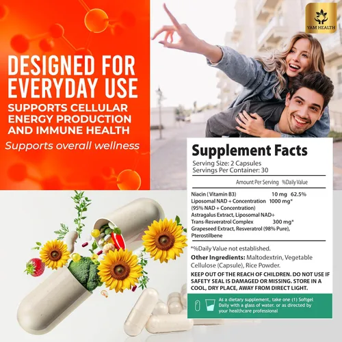 Miniatura 2 de NAD+ liposomal 1310mg con resveratrol y niacina (vitamina B3) para apoyo energético y celular, suplemento antioxidante, vegano, sin OMG, 60 cápsulas