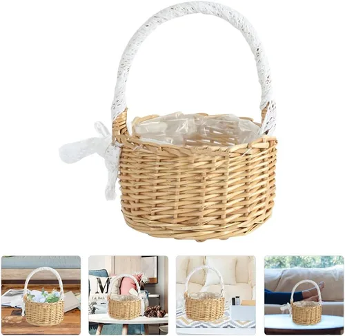 Miniatura 9 de Yardwe Cesta de niña, cesta de boda, cesta de mimbre con cinta, para boda, Pascua, cumpleaños