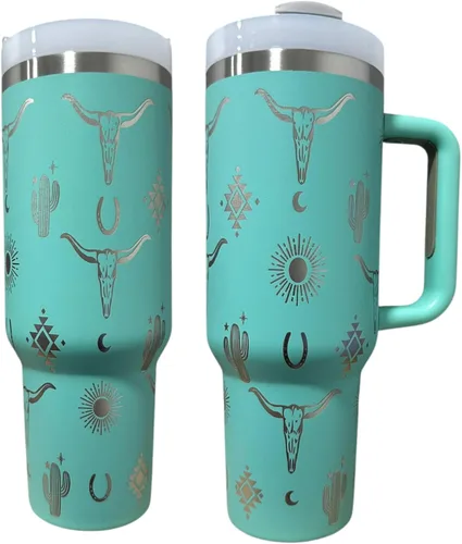 Miniatura 8 de Botella de agua de acero inoxidable de 40 oz taza Longhorn Bottle Bull Tumbler Cow Gift Western Water Bottle Cup (24oz Cream(90)-Longhorn (D35))