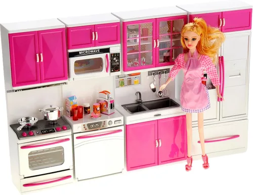 Miniatura 11 de PowerTRC Juego de juguetes de cocina para muñecas, mini juguete moderno de cocina, juego de accesorios con luz y sonido realistas para niños