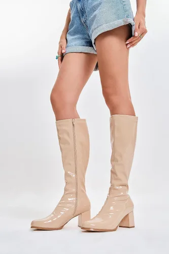 Miniatura 2 de Coutgo Botas altas Gogo para mujer, punta cuadrada, tacón grueso, charol y cremallera sobre la rodilla
