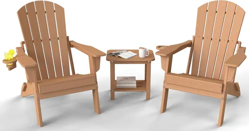 Miniatura 14 de Juego de sillas plegables Adirondack de 3 piezas, respaldo extra alto de 38 pulgadas y grano de madera en relieve, muebles de patio de polietileno