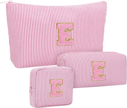 Miniatura 18 de Juego de bolsas de maquillaje con iniciales para niñas y mujeres, bolsa de cosméticos con monograma con soporte para cepillos, estuche de maquillaje