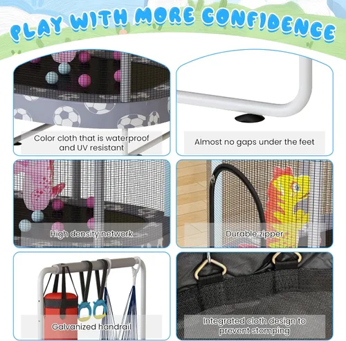 Miniatura 7 de LAMERGE Trampolín redondo 7 en 1 de 55 pulgadas para niños y niñas de 1 a 8 años, trampolín para interiores y exteriores para diversión, barandilla
