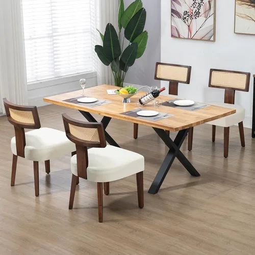 Miniatura 11 de Juego de 4 sillas de comedor, sillas de cocina de tela tapizada en madera, silla acolchada de lino sin brazos con respaldo curvo acentuado