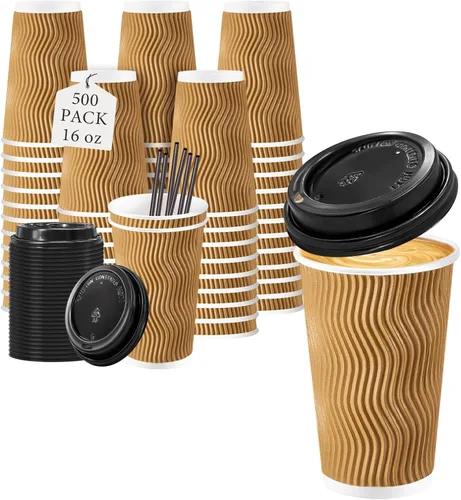 Miniatura 10 de Lamosi Tazas de café desechables de 8 onzas con tapas, paquete de 50 tazas de papel con aislamiento para llevar, con tapas y popotes, taza de pared