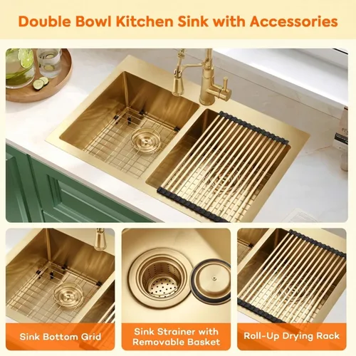 Miniatura 5 de Fregadero de Cocina Dorado 33" X 22", Fregaderos de Cocina de Doble Tazón, Montaje Superior/Empotrable Fregadero Doble de Acero Inoxidable Calibre 16