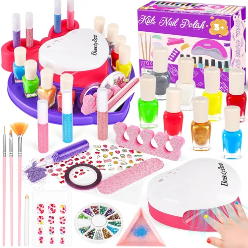 Meaicezli Juego de esmaltes de uñas para niñas, kit de arte de uñas con secador de uñas, esmalte de uñas no tóxico para niños con purpurina y uñas