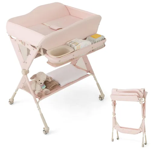 Miniatura 15 de HONEY JOY Cambiador, organizador plegable para guardería con estante abierto y cinturón de seguridad, estación de cambio de pañales portátil