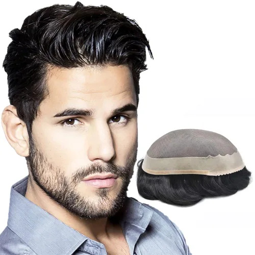 Toupee - Sistema de reemplazo de cabello humano Remy europeo para hombre, tupé duradero fino mono con revestimiento de poliéster, unidades de