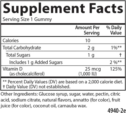 Miniatura 2 de Carlson - Gomitas de vitamina D3, 1000 UI (25 mcg), salud ósea, apoyo inmunológico y absorción de calcio, sabores naturales de frutas, 60 gomitas