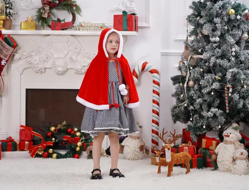 Miniatura 9 de IDOPIP Vestido de fiesta de Navidad para mujeres y niñas, vestido de tutú a cuadros rojos con capa con capucha, disfraz familiar a juego