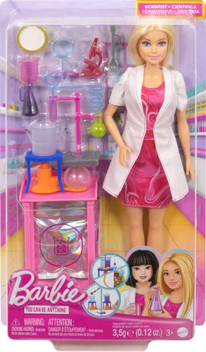 Miniatura 6 de Barbie Muñeca científica y accesorios con muñeca rubia de moda, mesa de laboratorio, microscopio, vaso de precipitados que cambian
