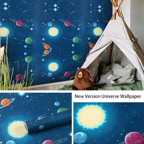 Miniatura 4 de MyFun Papel tapiz de planetas solares de 11 yardas, diseño espacial del universo de fantasía, calcomanías extraíbles para habitación de niños, 48.4