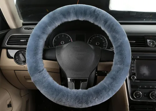 Miniatura 2 de U&M Funda para volante de automotor de lana auténtica, elastizada. Almohadilla protectora de volante de vehículo, de lana australiana, Gris azul