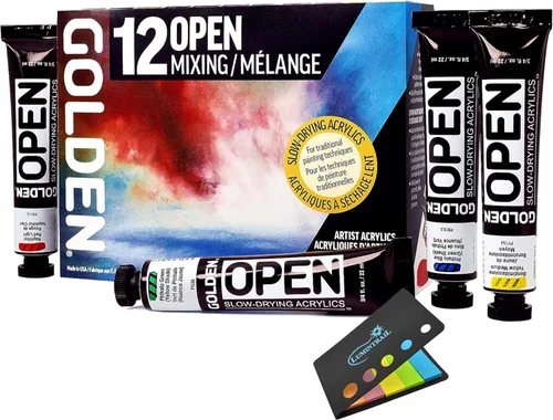 Juego de Pintura Acrílica Dorada OPEN, Juego de Pintura con Mezcla, Pintura Acrílica Dorada de Secado Lento de 12 Colores con Notas Adhesivas