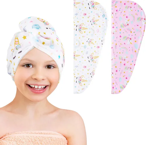 Miniatura 9 de WAWSAM Paquete de 2 toallas de secado de cabello para niños, toalla de microfibra para el cabello para niñas, gorro de pelo de secado rápido con Azul