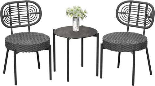 Miniatura 8 de GarveeLife - Juego de 3 piezas de muebles de mimbre para patio estilo bistró, sillas de comedor para exteriores, incluye 2 sillas de ratán y mesa