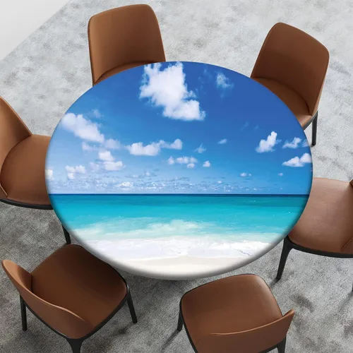 Miniatura 34 de Mantel con patrón de playa, borde elástico, impermeable, lavable, para uso en interiores y exteriores, patio, turquesa aguamarina, para mesas