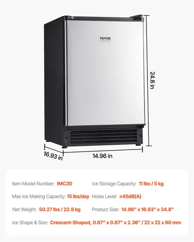 Miniatura 7 de VEVOR Máquina de hielo integrada para debajo del mostrador, 15 libras/día debajo del mostrador, máquina de hielo con puerta reversible de acero