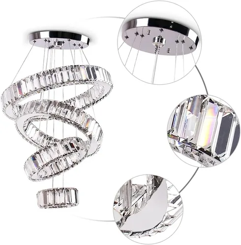 Miniatura 6 de Candelabro LED de 4 anillos para comedor, moderna lámpara de cristal colgante, lámparas de techo alto para dormitorio, sala de estar, comedor