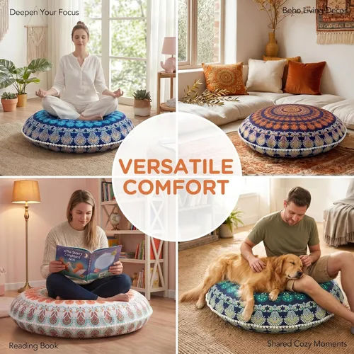 Miniatura 5 de Codi - Cojines de suelo para meditación, grandes y redondos para adultos, diseño bohemio de mandala para exteriores, chimenea, yoga, sala de estar