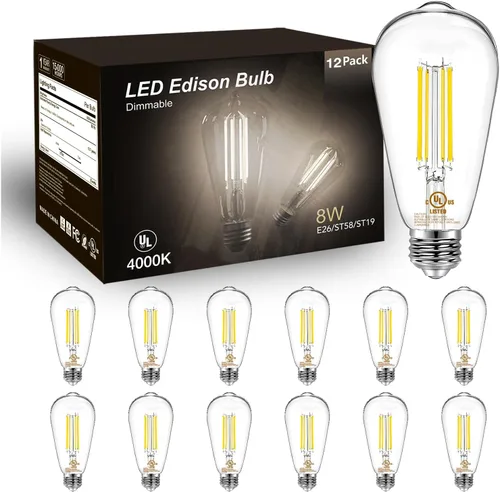 DAYBETTER Paquete de 12 bombillas LED Edison vintage, bombilla LED E26 equivalente a 60 W, bombillas LED regulables, alto brillo 800 LM, blanco