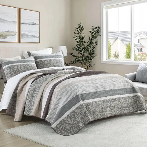 Miniatura 2 de KALOOLA Colchas de granja tamaño Queen – Juego de ropa de cama acolchado ligero 100% algodón, 3 piezas, colcha botánica a rayas estampada con 2