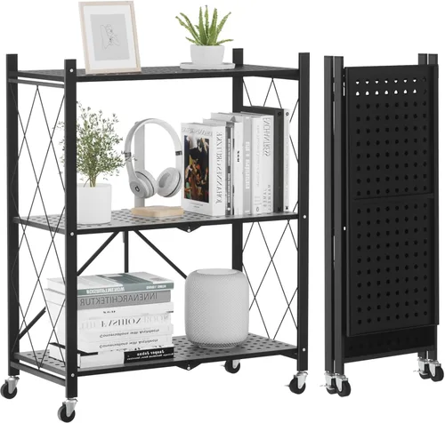 ALANNG Estantes de almacenamiento con ruedas, estantería con almacenamiento, carrito de rack de metal sin ensamblaje para cocina, oficina, Negro