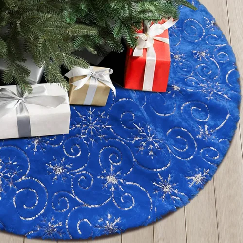 Miniatura 22 de Faldones de Felpa para Árbol de Navidad, 24 pulgadas, Lujosa Cubierta de Base de Árbol de Navidad de Piel Sintética Negra con Copos de Nieve Dorados
