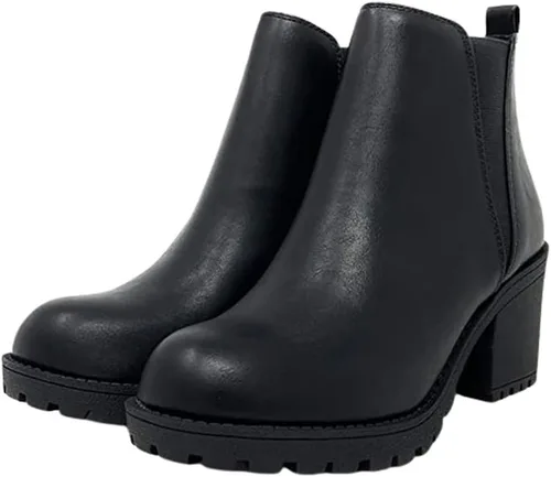 Miniatura 2 de Soda Botines de tacón grueso con suela de almendra para mujer, Poliuretano negro