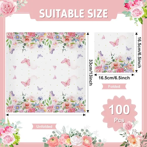Miniatura 2 de 100 servilletas de mariposa rosa, toallas de papel desechables coloridas para jardín, primavera, verano, flores y mariposas, toallas de mano