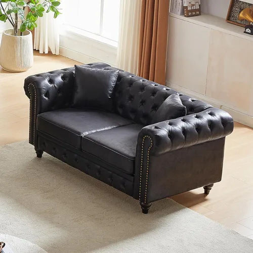 Miniatura 21 de Juego de sofá moderno de 2 piezas de mediados de siglo, sofá Chesterfield retro con botones copetudos, muebles para la sala, cómodo asiento profundo