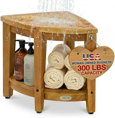 EcoDecors Organizador de esquina de teca para ducha de 18 pulgadas, organizador de almacenamiento de madera impermeable con estante integrado y