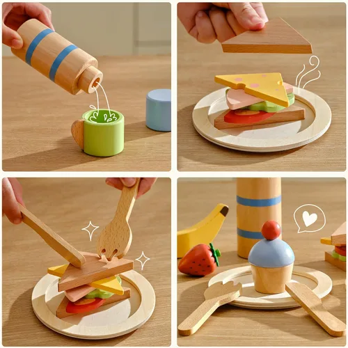 Miniatura 5 de PairPear Juego de comida de juguete de madera para la cocina de los niños, 32 piezas de juguetes de simulación, juego de picnic con bolsa